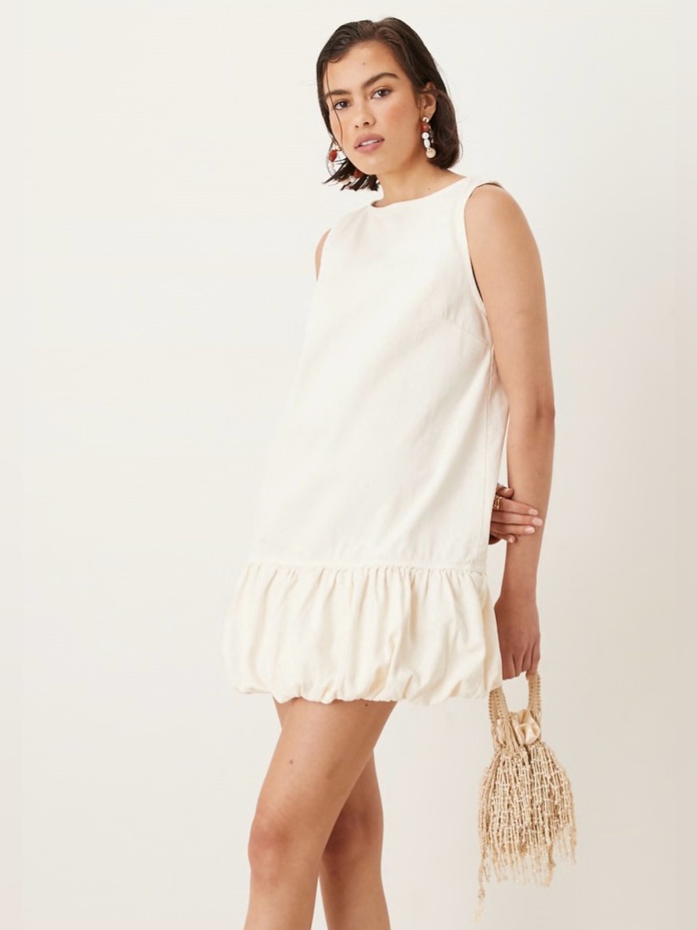 Mango Cream Sleeveless Denim Dress with Bubble Hem - Size 4